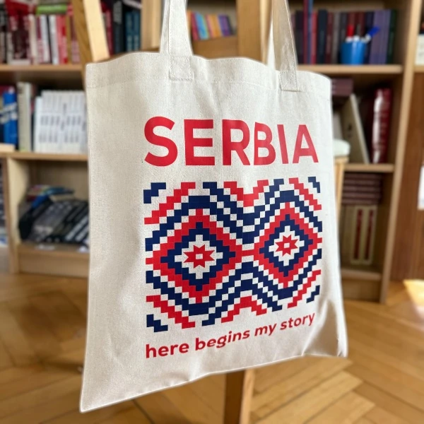 Serbia tote bag with Here begins my story text and ethnic print-2