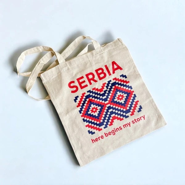 Serbia tote bag with Here begins my story text and ethnic print-1
