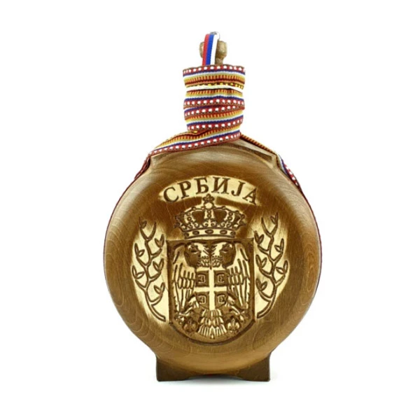 WOODEN FLASK 0.7l, BLAZON, COAT OF ARMS SERBIA, brandy canteen, buklija-1