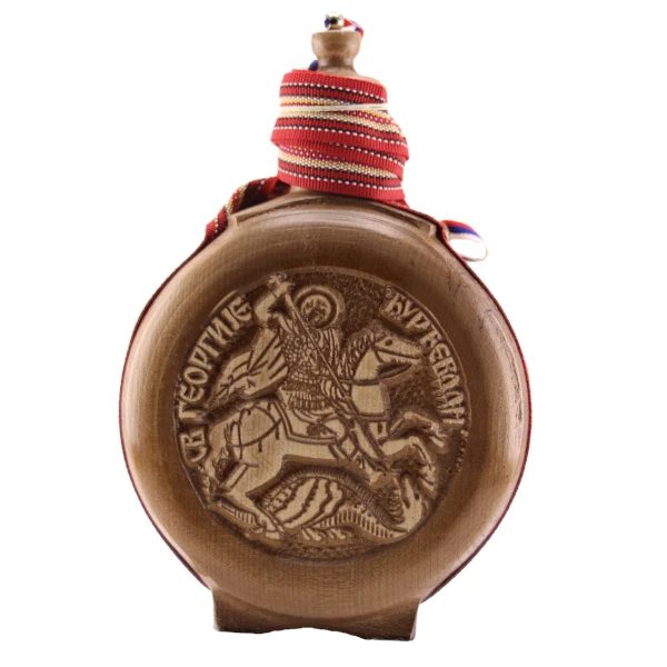 WOODEN FLASK 0.7l, SAINT GEORGE, Sv. Djordje, brandy canteen, buklija-1