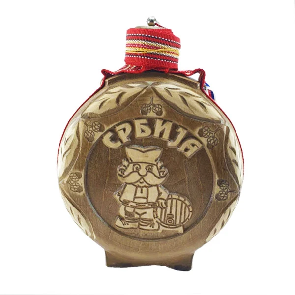 WOODEN FLASK 0.75l, OLD MAN WITH A BARREL, brandy canteen with glass bottle, buklija -1