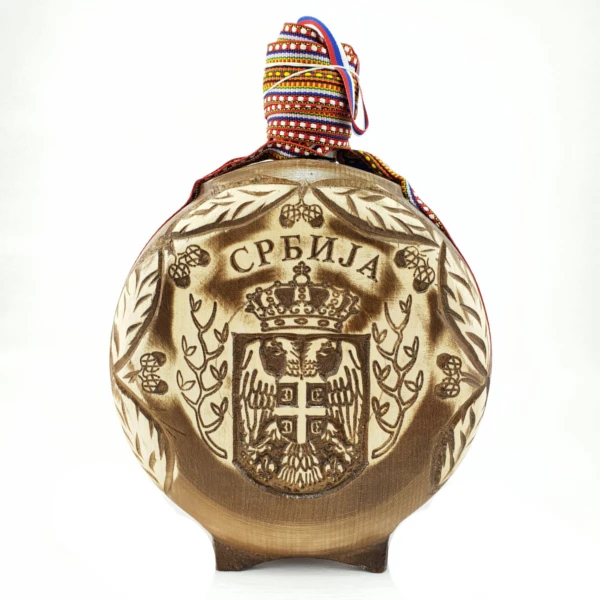 WOODEN FLASK 0.75l,  SAINT GEORGE, Sv. Djordje, Djurdjevdan, brandy canteen with glass bottle, buklija -2