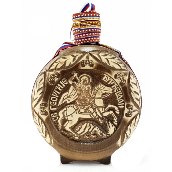 WOODEN FLASK 0.75l,  SAINT GEORGE, Sv. Djordje, Djurdjevdan, brandy canteen with glass bottle, buklija -1