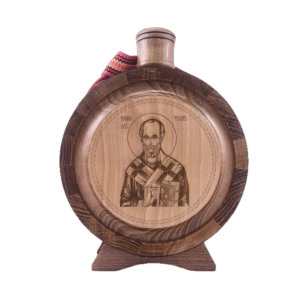 WOODEN FLASK 0.7l St. Nicholas, Engraving-1