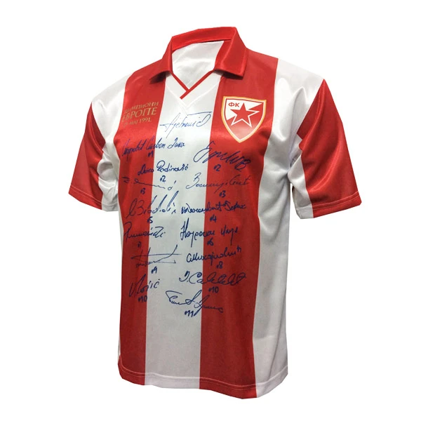 Red Star Belgrade retro jersey Bari in red and white colors with printed signatures, available for purchase at Serbianshop.com-1