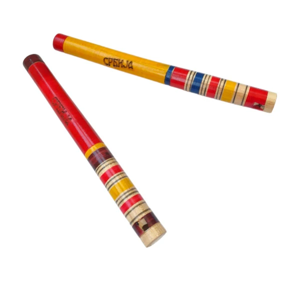 WOODEN FLUTE, YELLOW / RED WITH INSCRIPTION (Flutes from Serbia)-1