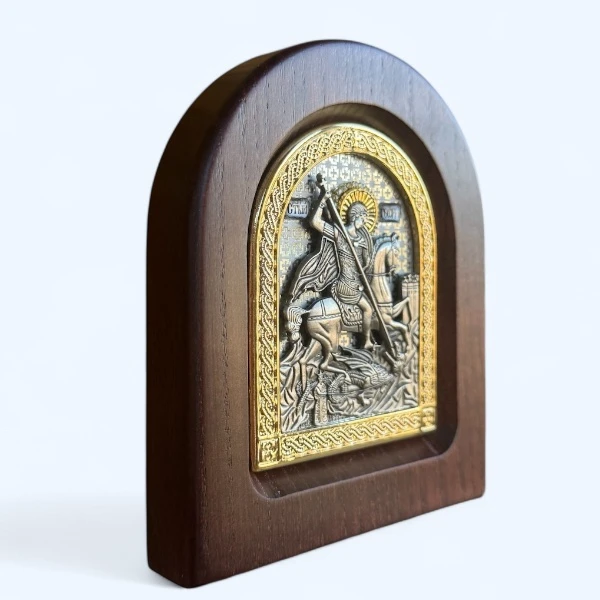Metalna ikona na drvetu Sveti Djordje ubija azdahu 11x9 cm-3