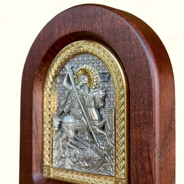 Metalna ikona na drvetu Sveti Djordje ubija azdahu 11x9 cm-2