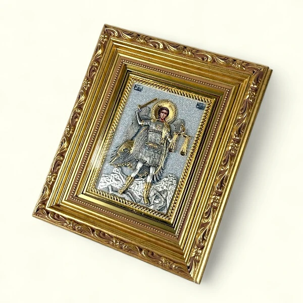 Sveti Arhangel Mihailo metalna ikona reljefni rad sa macem serbianshop - 19 x 23 cm-2