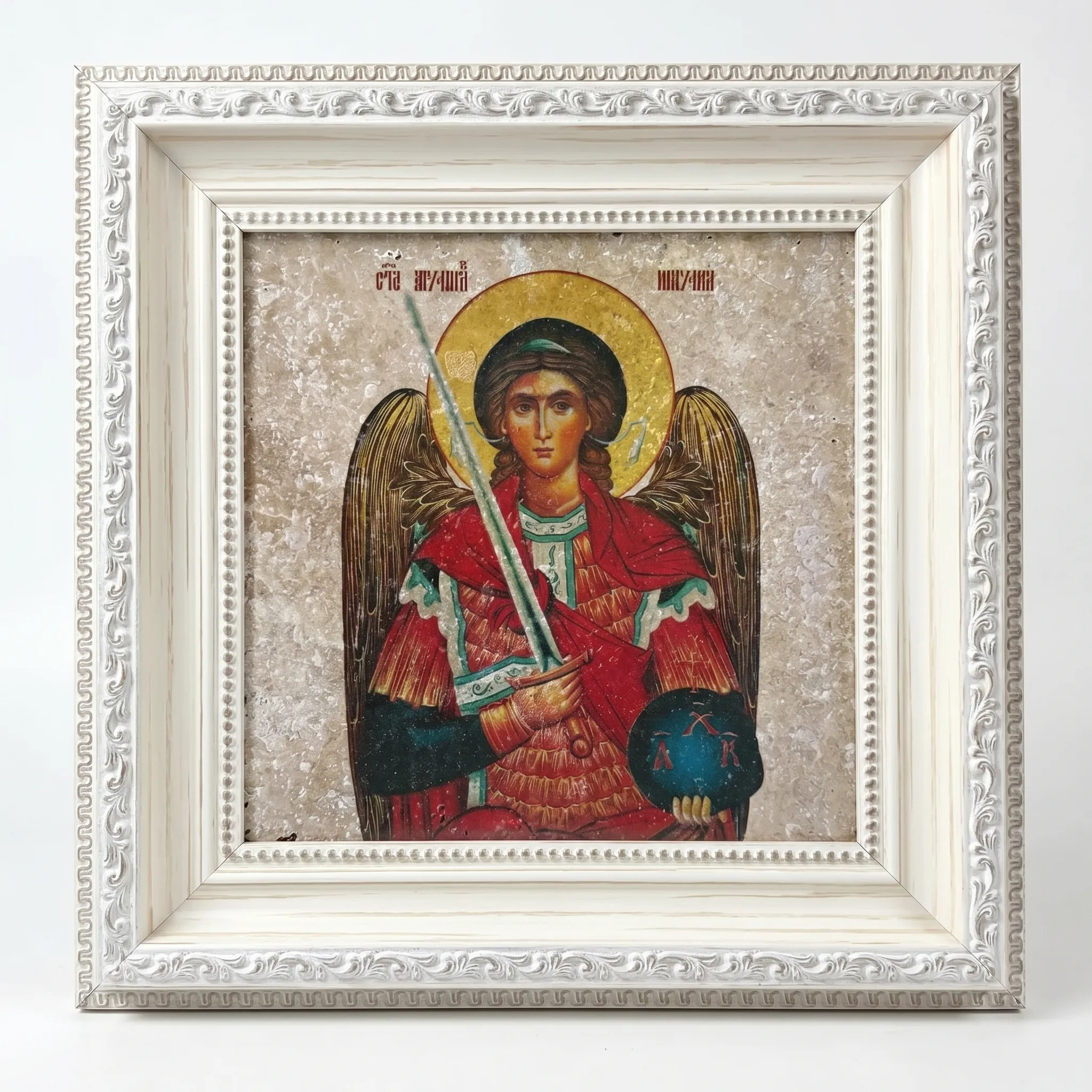 Ikona Sveti Arhangel Mihailo na kamenu u belom ramu - Slavski poklon.-2