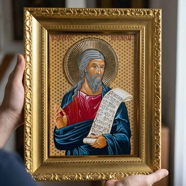 Uramljena pozlacena ikona Sveti Prorok Jeremija na drvetu 41x33 cm-3