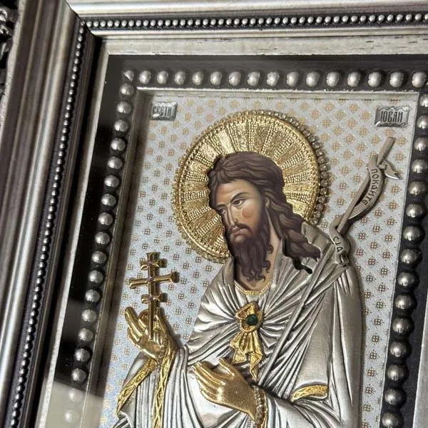 Sveti Jovan Preteca metalna ikona reljefni rad sa posrebrom i pozlatom - 19 x 23 cm-3