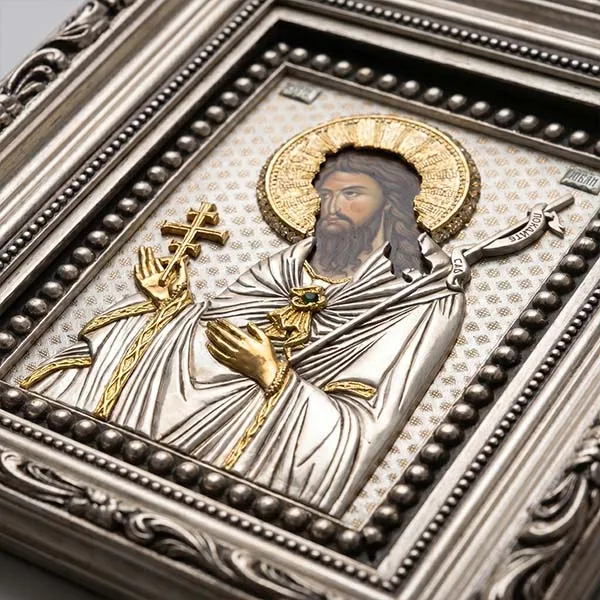 Sveti Jovan Preteca metalna ikona reljefni rad sa posrebrom i pozlatom - 19 x 23 cm-2