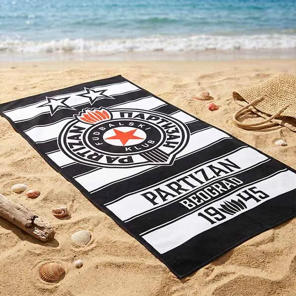Partizan Belgrade beach towel 70x140 cm bold crest 1945 black white stripes cotton polyester fan gift-3