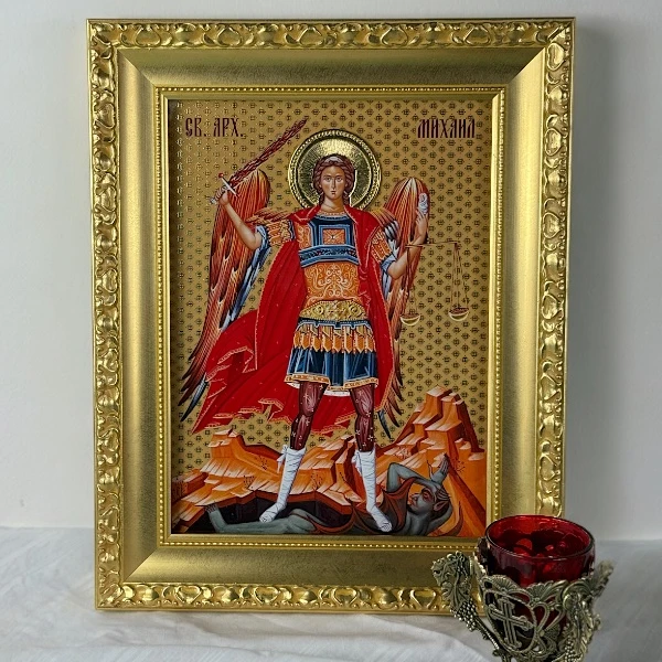 Velika slavska ikona Sveti Arhangel Mihailo na drvetu 41x33 cm pozlacena-3