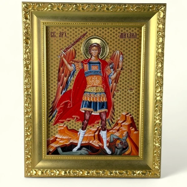 Velika slavska ikona Sveti Arhangel Mihailo na drvetu 41x33 cm pozlacena-2