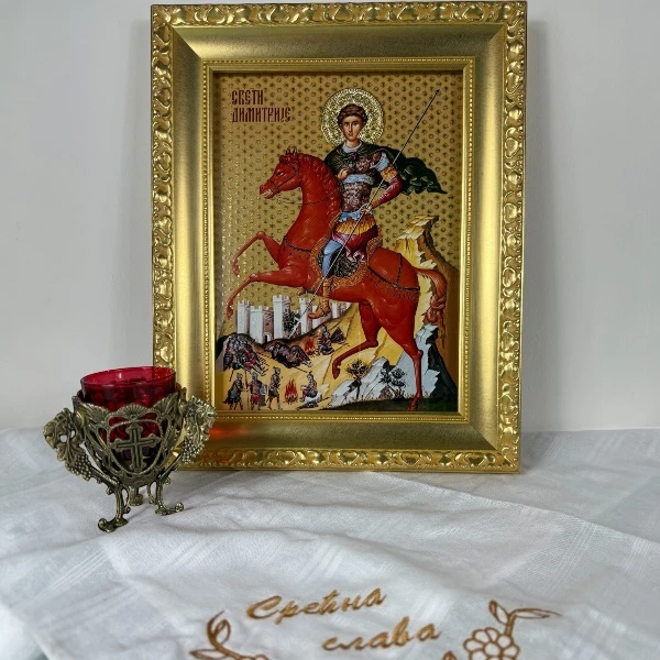 Velika slavska ikona Mitrovdan Sveti Dimitrije na drvetu 41x33 cm pozlacena-2