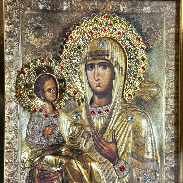 Velika slavska ikona Bogorodica Trojeručica Hilandar na drvetu 38x31 cm-3