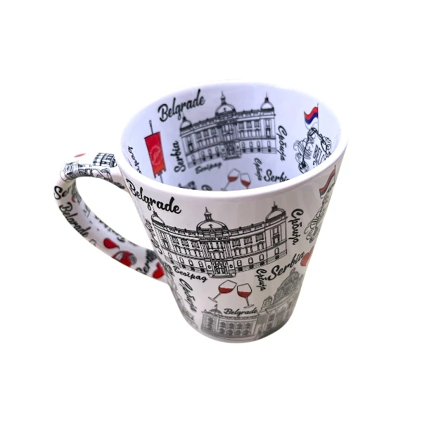 Belgrade ceramic mug with illustrations of Ada Bridge, the Victor monument, National Assembly, and other Belgrade landmarks.-4