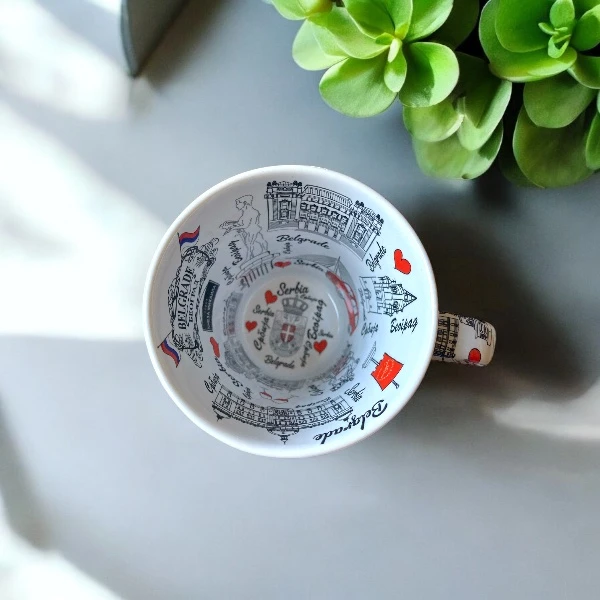 Belgrade ceramic mug with illustrations of Ada Bridge, the Victor monument, National Assembly, and other Belgrade landmarks.-3