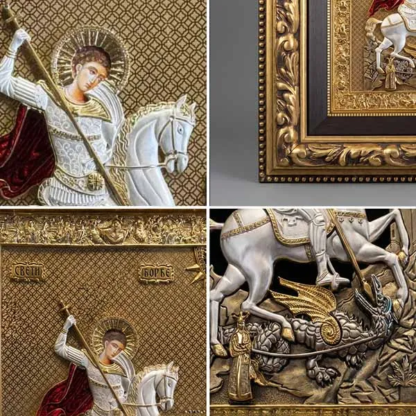 Velika metalna ikona Sveti Djordje masivni drveni ram 57x51 cm serbianshop-3