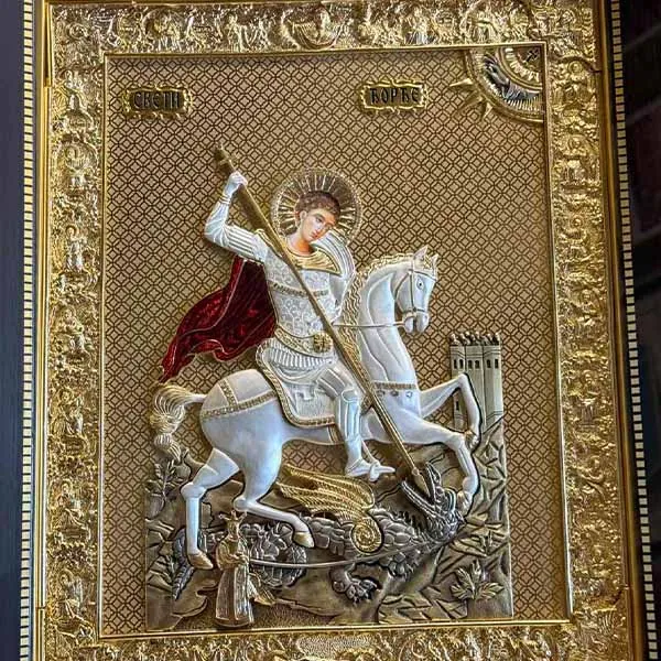 Velika metalna ikona Sveti Djordje masivni drveni ram 57x51 cm serbianshop-2