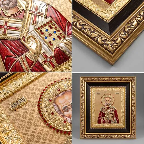 Large metal icon Saint Nicholas massive wood frame SerbianShop 61 x 52 cm-3