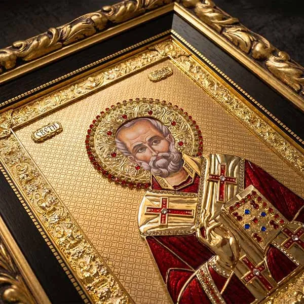 Large metal icon Saint Nicholas massive wood frame SerbianShop 61 x 52 cm-2