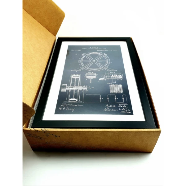 NIKOLA TESLA PATENTS GRAPHICS, 3 PACK, wooden frame, set 1-9