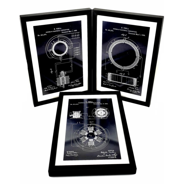 NIKOLA TESLA PATENTS GRAPHICS, 3 PACK, wooden frame, set 1-1