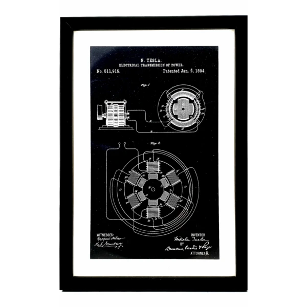 NIKOLA TESLA PATENTS GRAPHICS, 3 PACK, wooden frame, set 1-6