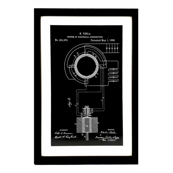 NIKOLA TESLA PATENTS GRAPHICS, 3 PACK, wooden frame, set 1-5