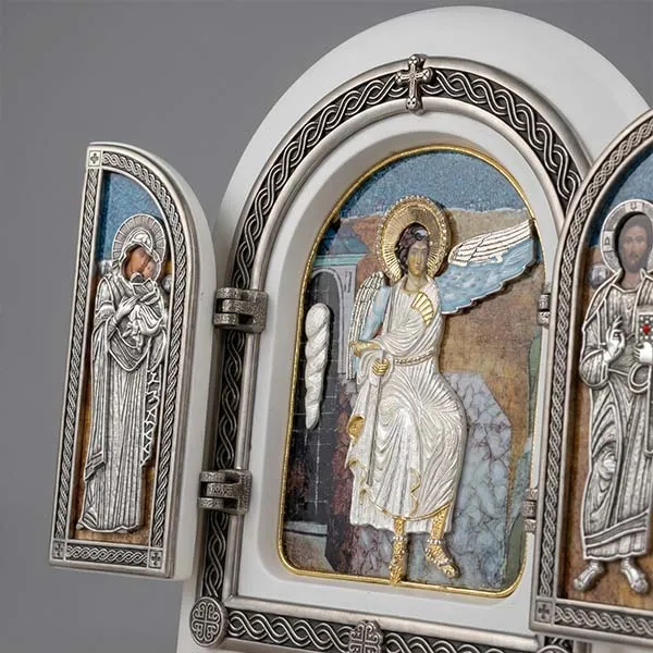 White Angel Mileseva triptych gilded wooden folding icon 22x18 cm Serbian gift-3