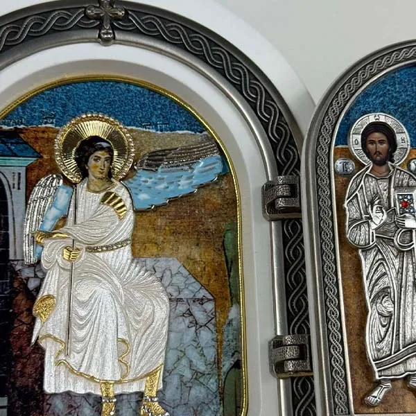 White Angel Mileseva triptych gilded wooden folding icon 22x18 cm Serbian gift-2