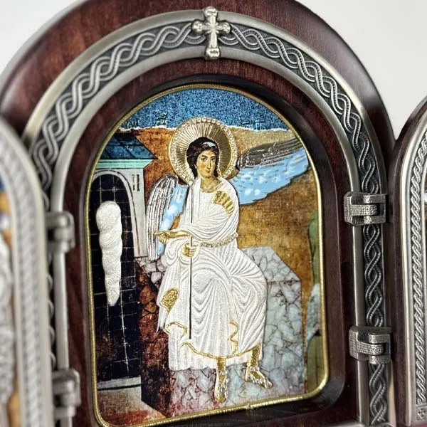 Triptih Beli Andjeo II drvena pozlacena ikona zastitnik doma 22x18 cm-2