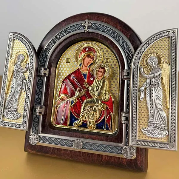 Mother of God Quick to Hear triptych gilded wooden icon 22x18 cm-3