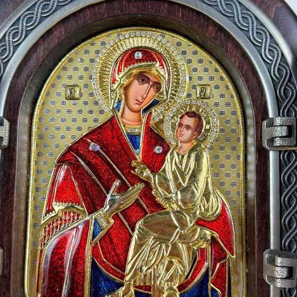 Mother of God Quick to Hear triptych gilded wooden icon 22x18 cm-2