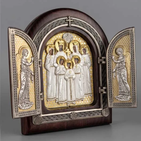 Triptih Carska porodica Romanov drvena pozlacena ikona 22x18 cm-3