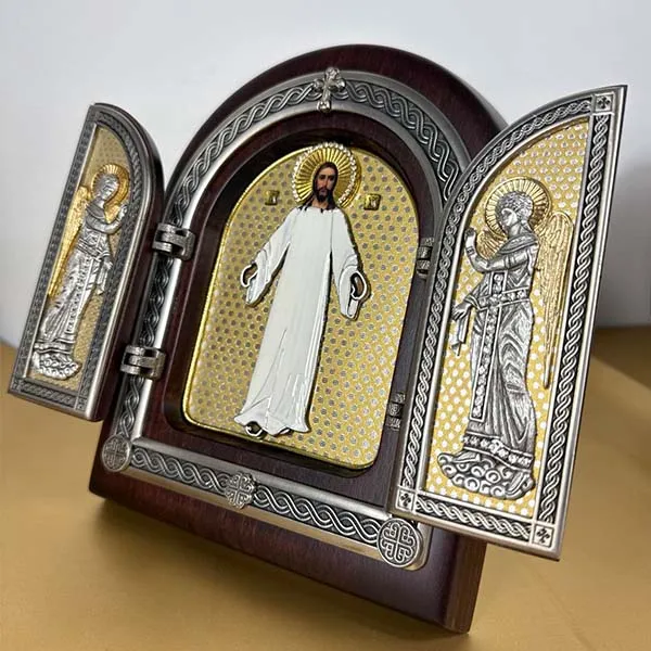 Triptih Gospod Isus Hristos Lavra drvena pozlacena ikona 22x18 cm-2