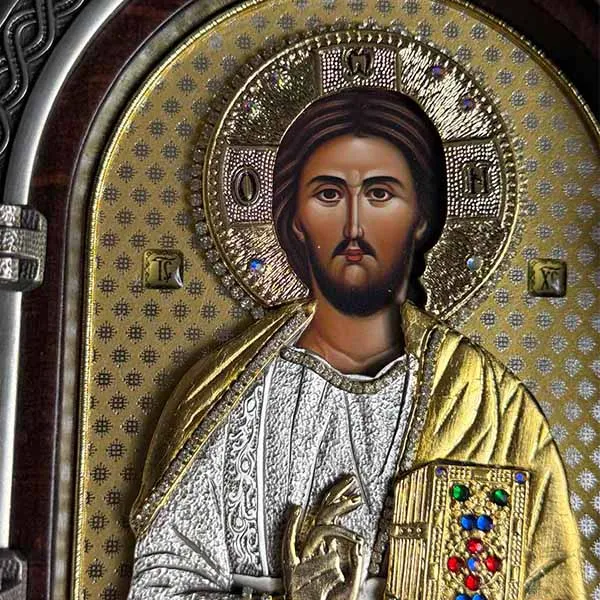 Triptih Isus Hrist Svedrzitelj pozlacena drvena ikona 22x18 cm-2