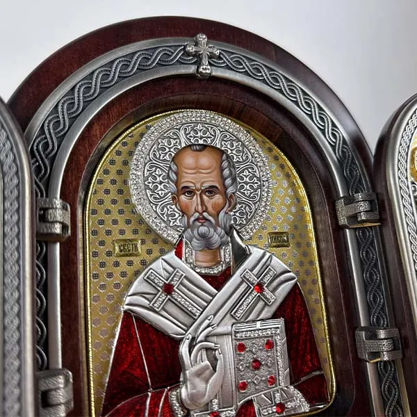 Triptih Sveti Nikola Nikoljdan drvena pozlacena ikona 22x18 cm-3