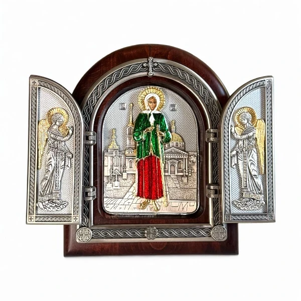 TRIPTYCH OF SAINT XENIA OF PETERSBURG 22x18 cm - wooden, gilded-1