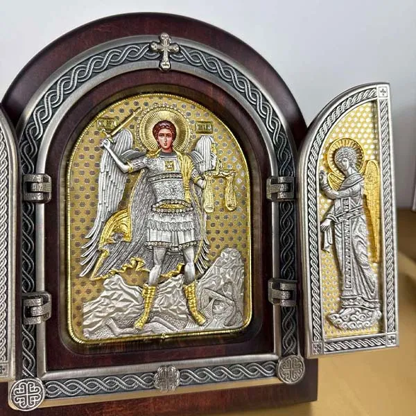 Triptih Sveti Arhangel Mihailo Arandjelovdan drvena pozlacena ikona 22x18 cm-2