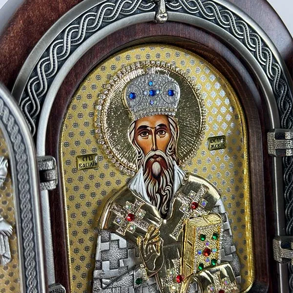 Triptih Sveti Vasilije Ostroski drvena pozlacena ikona na rasklapanje 22x18 cm-3