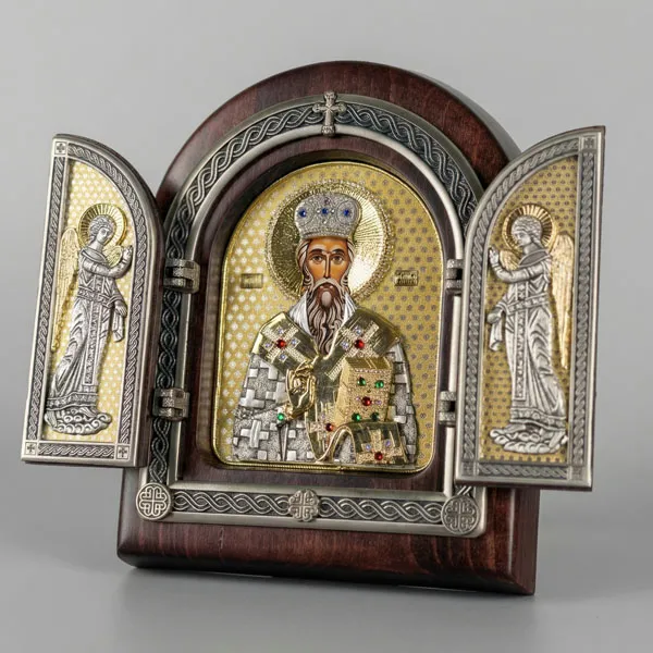 Triptih Sveti Vasilije Ostroski drvena pozlacena ikona na rasklapanje 22x18 cm-2