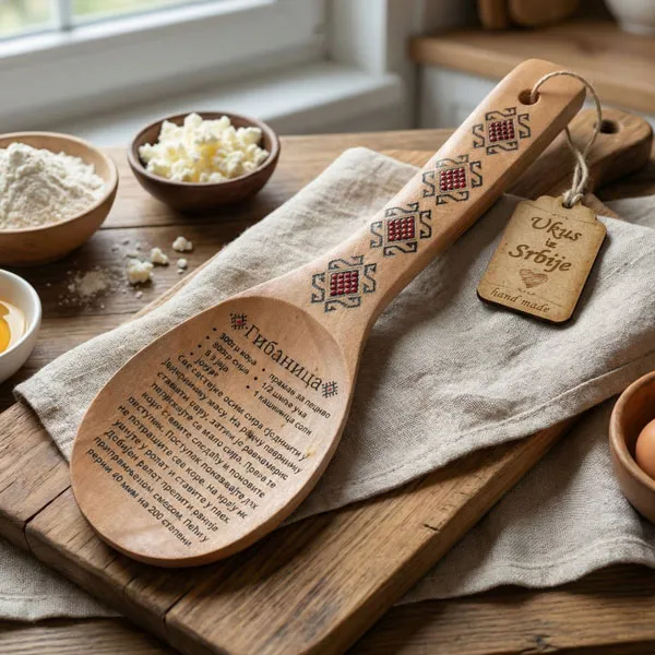 Drvena varjaca sa gravurom recepta za tradicionalnu srpsku gibanicu-2