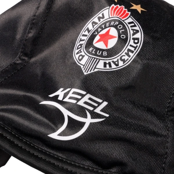 Black Partizan Belgrade water polo cap with ear guards and chin straps.-4