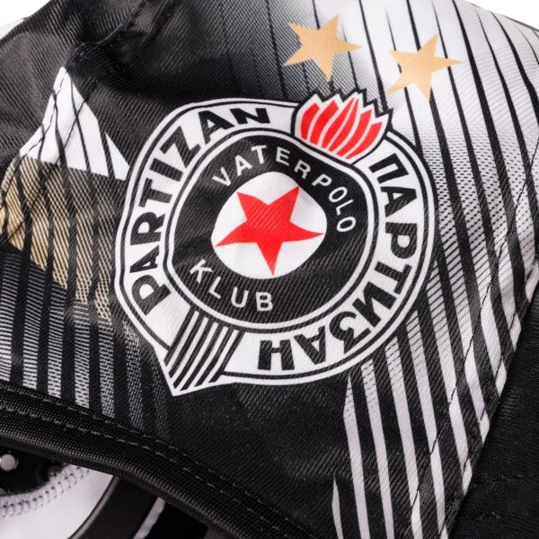 Black Partizan Belgrade water polo cap with ear guards and chin straps.-2