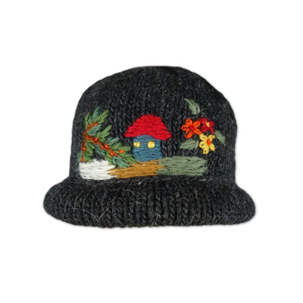 WOMEN'S CAP BLACK- Embroidered Landscape Sirogojno-1