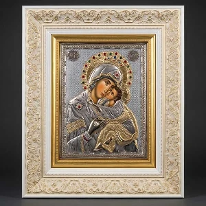 Metalna ikona Bogorodica Umiljenje u belom ramu serbianshop - 36 x 31 cm